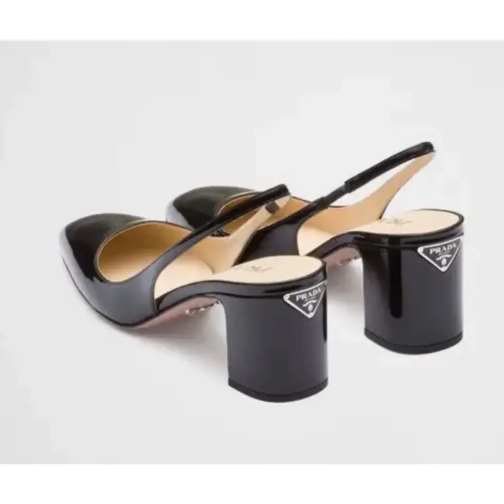 Prada Triangle‎ Logo Patent Leather Slingback Pumps Black 40
